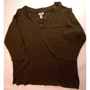 Company One Plus Size 2X Dark Green Top Beaded W/Green Beads VNeck 3/4 Sleeve